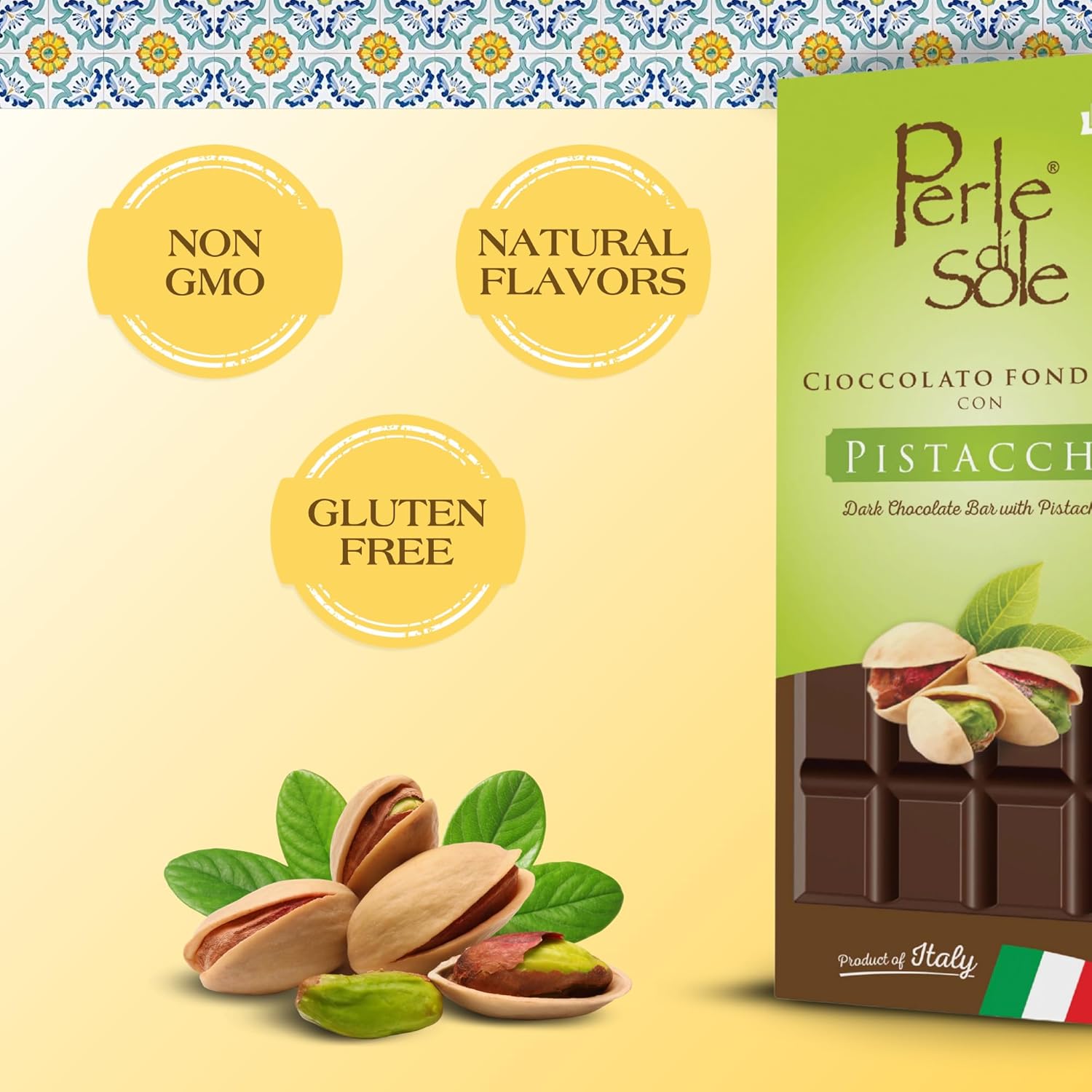 PERLE DI SOLE PISTACHIO FLAVORED DARK CHOCOLATE BAR (3.5 oz | 100 g)