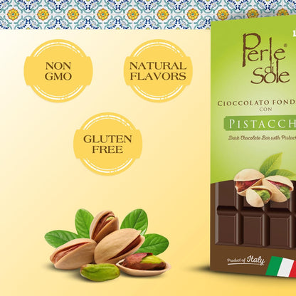 PERLE DI SOLE PISTACHIO FLAVORED DARK CHOCOLATE BAR (3.5 oz | 100 g)