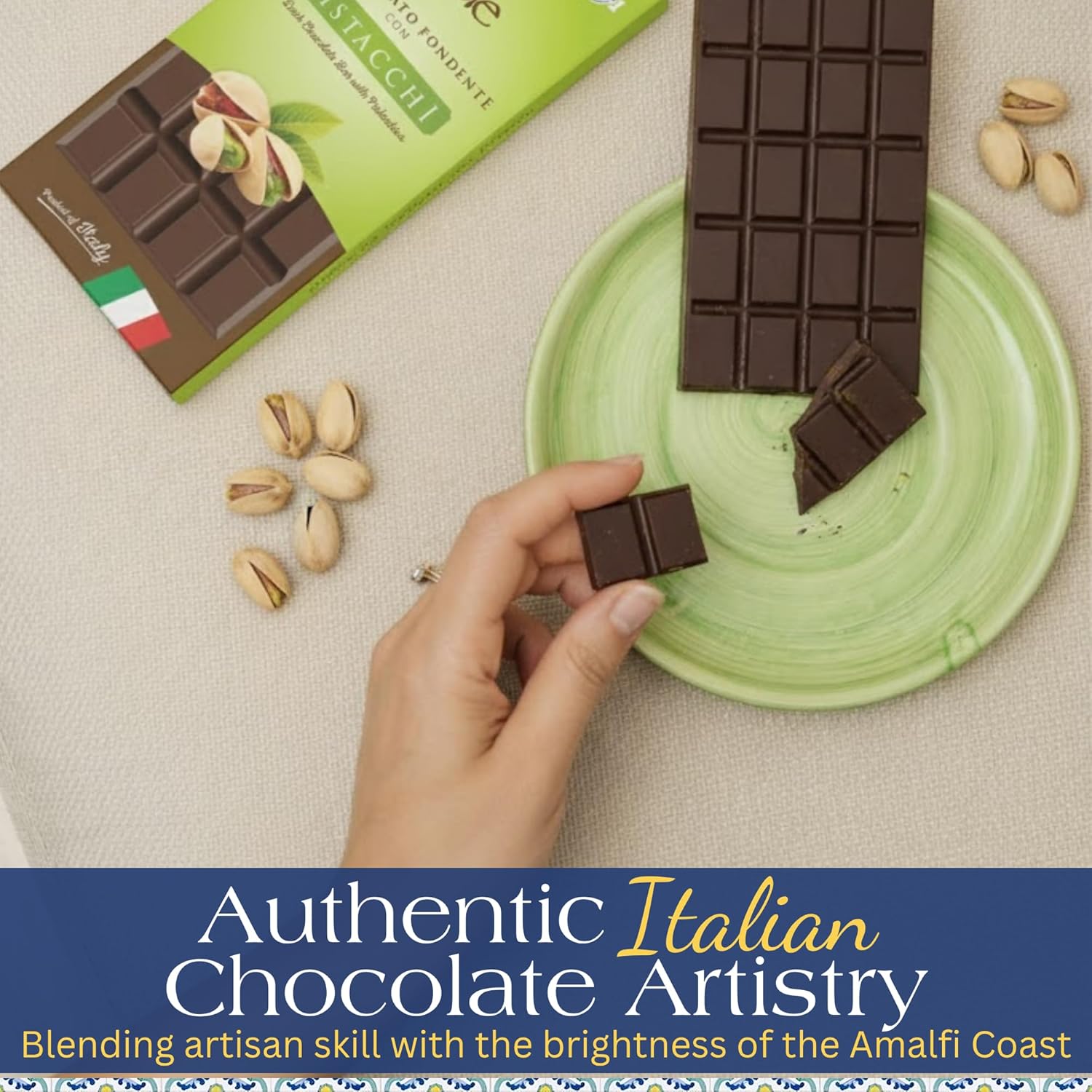 PERLE DI SOLE PISTACHIO FLAVORED DARK CHOCOLATE BAR (3.5 oz | 100 g)